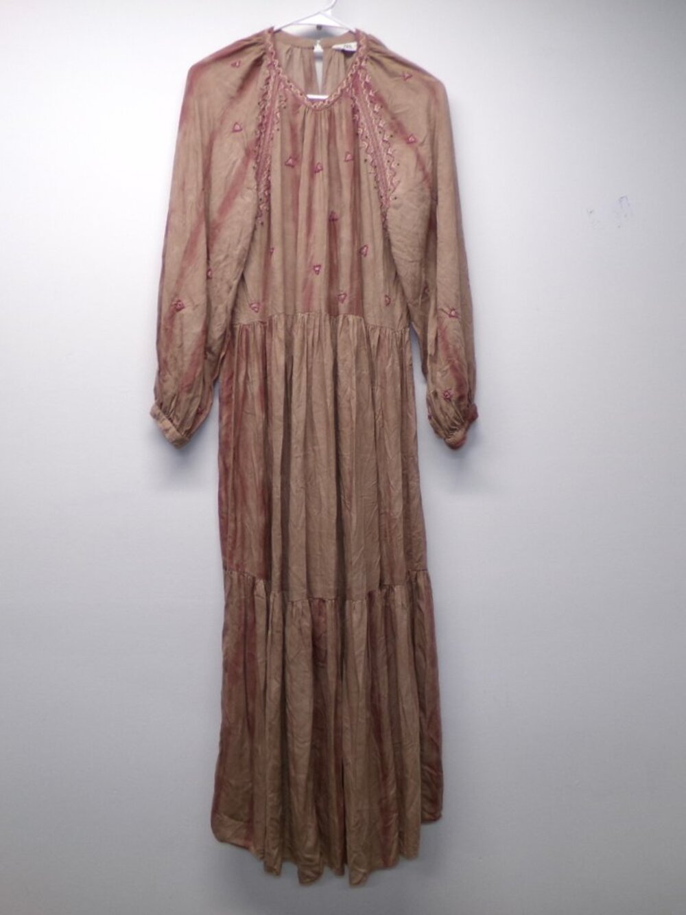 ZARA Mauve Tan Midi Maxi Peasant Dress Embroidered Boho Beaded Tie Dye sz M